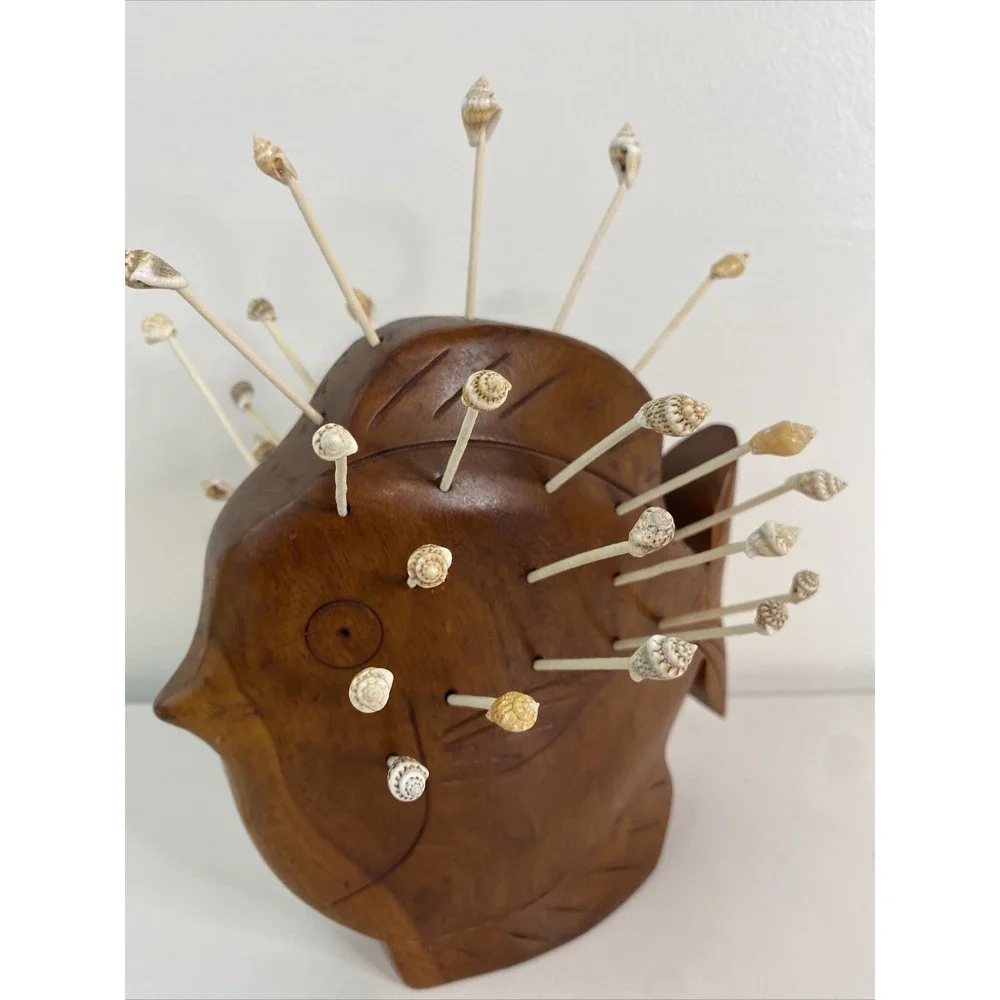 Large vintage wooden fish toothpick holder party server